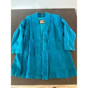 Vintage 90s Atlantic Beach Women Leather Coat Works Teal Leather Jacket Medium M